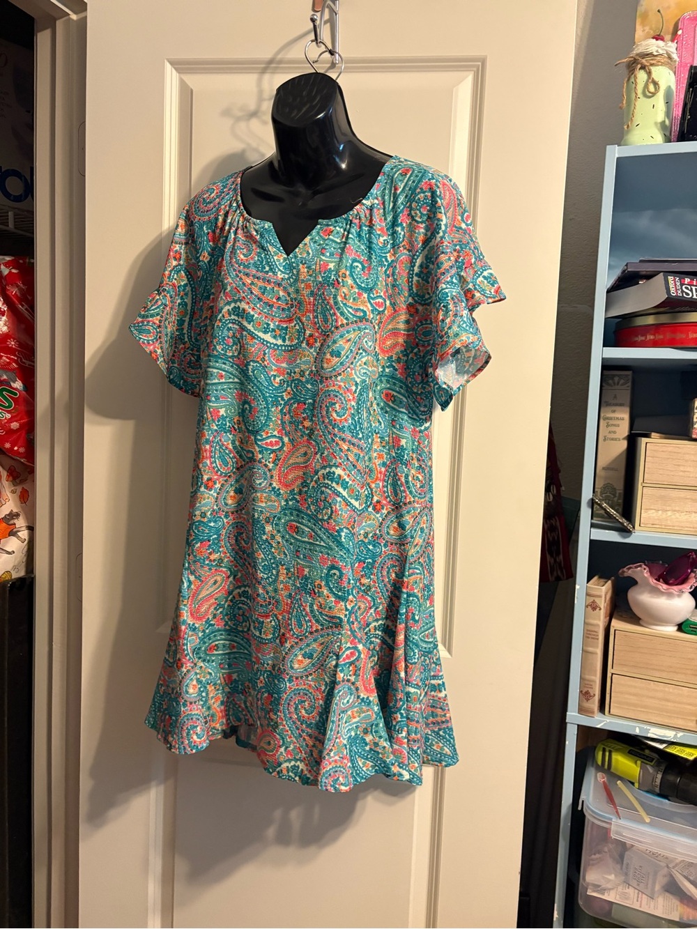 Umgee Turquoise Paisley Mini Dress with Coral Accents